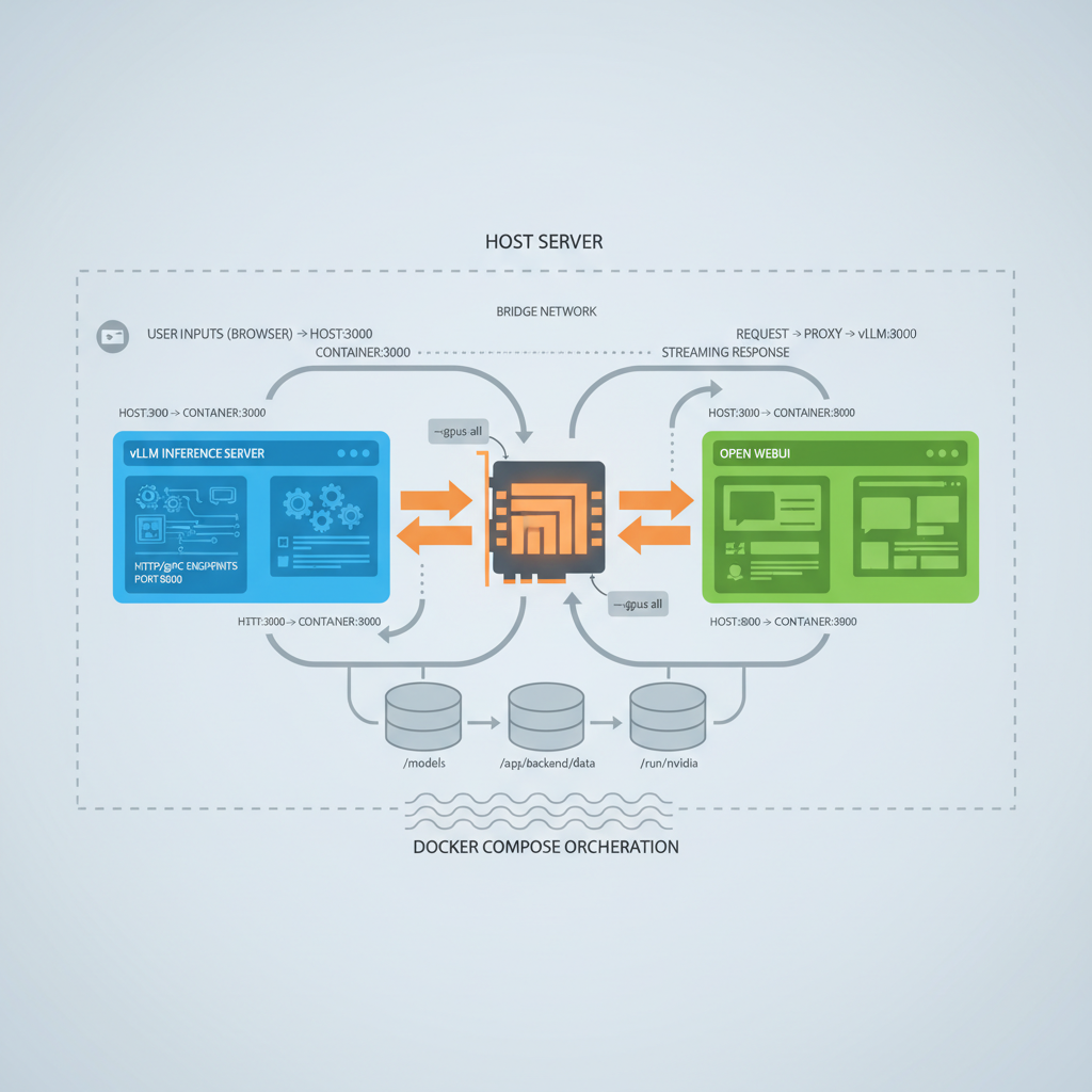Docker Compose 기반 vLLM과 Open WebUI 시스템 아키텍처 다이어그램