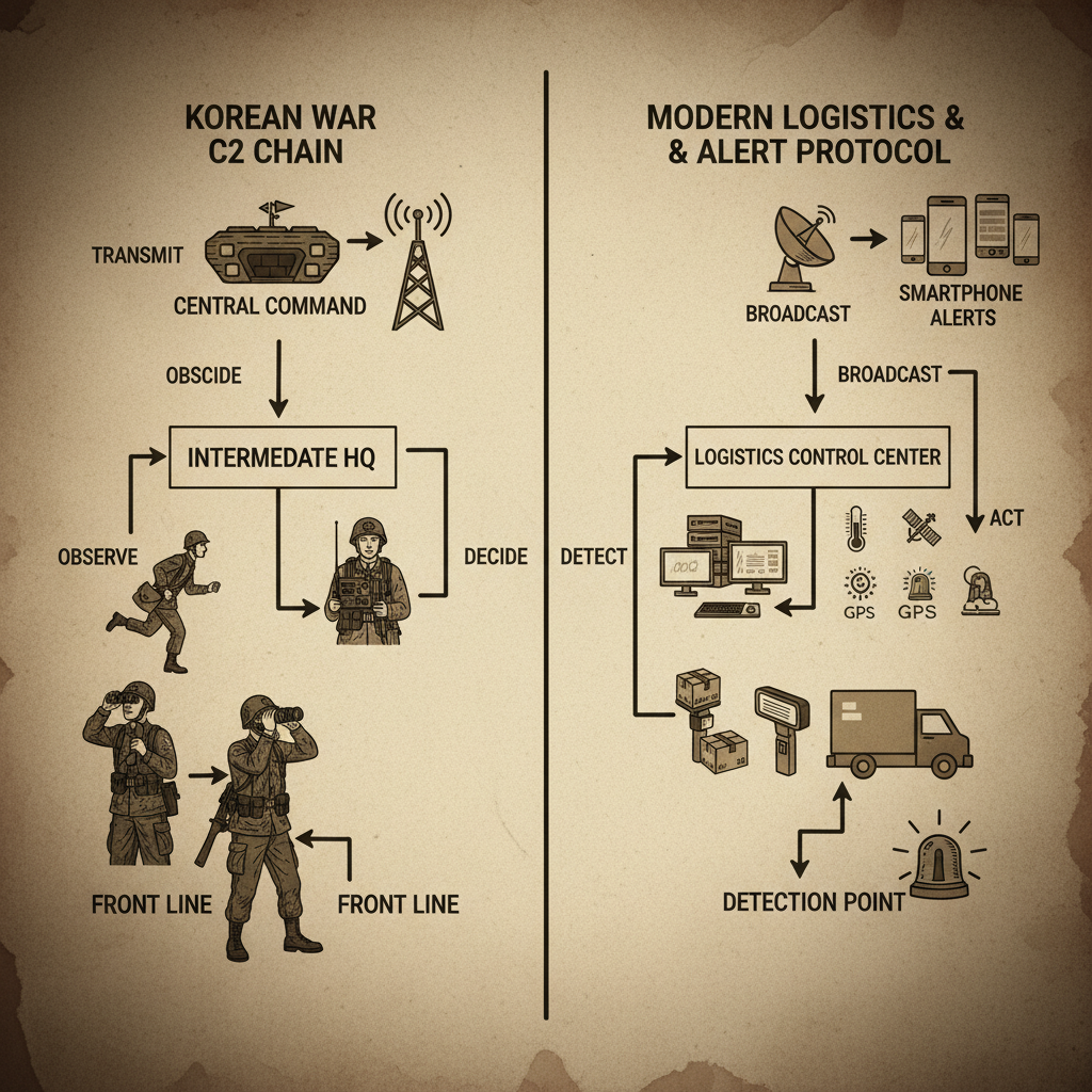 한국전쟁에서의 통신·지휘 체계와 오늘날 택배 추적·재난문자 시스템을 비교하는 구조도