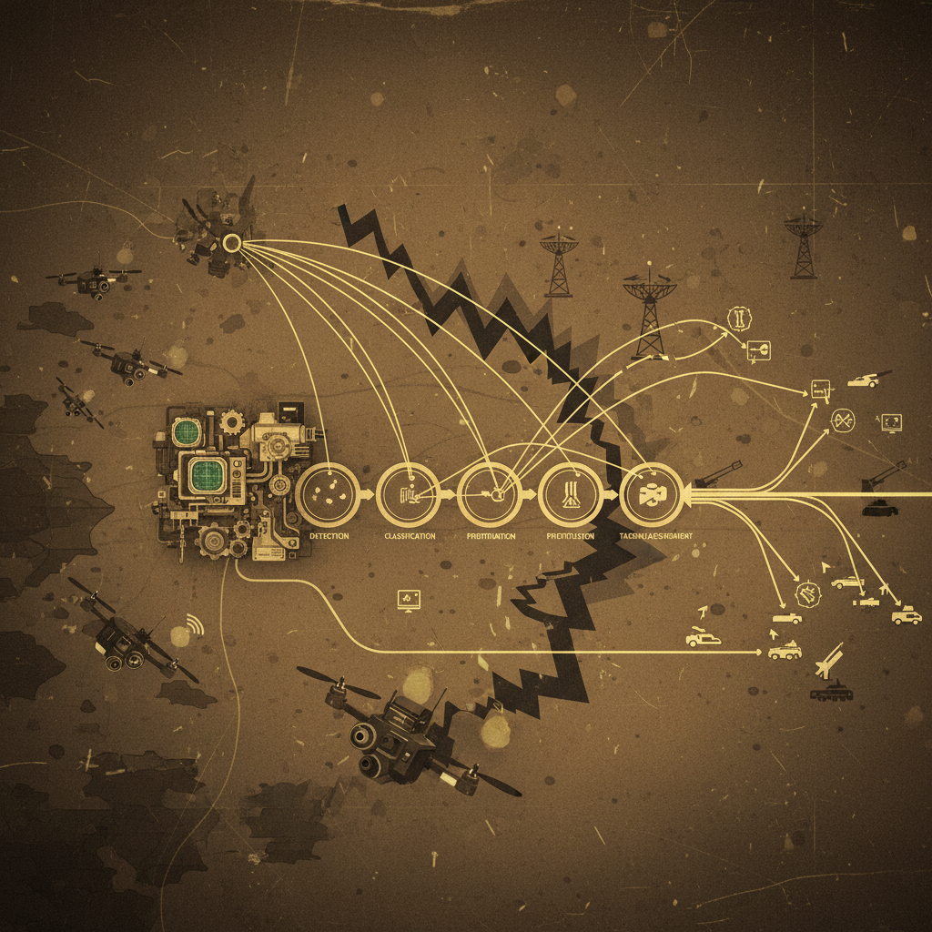 드론과 AI가 만드는 데이터 전장 워크플로우와 전자전·교란에 의한 열화 과정을 시각화한 이미지