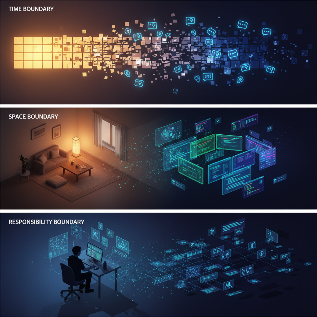 시간·공간·책임이라는 세 가지 층위의 '경계 붕괴'를 구조적으로 보여주는 다이어그램: 재택근무와 AI 도입으로 업무 시간이 늘어나고, 집과 업무 공간이 겹치며, 책임 범위가 확장되는 흐름을 단계별로 시각화
