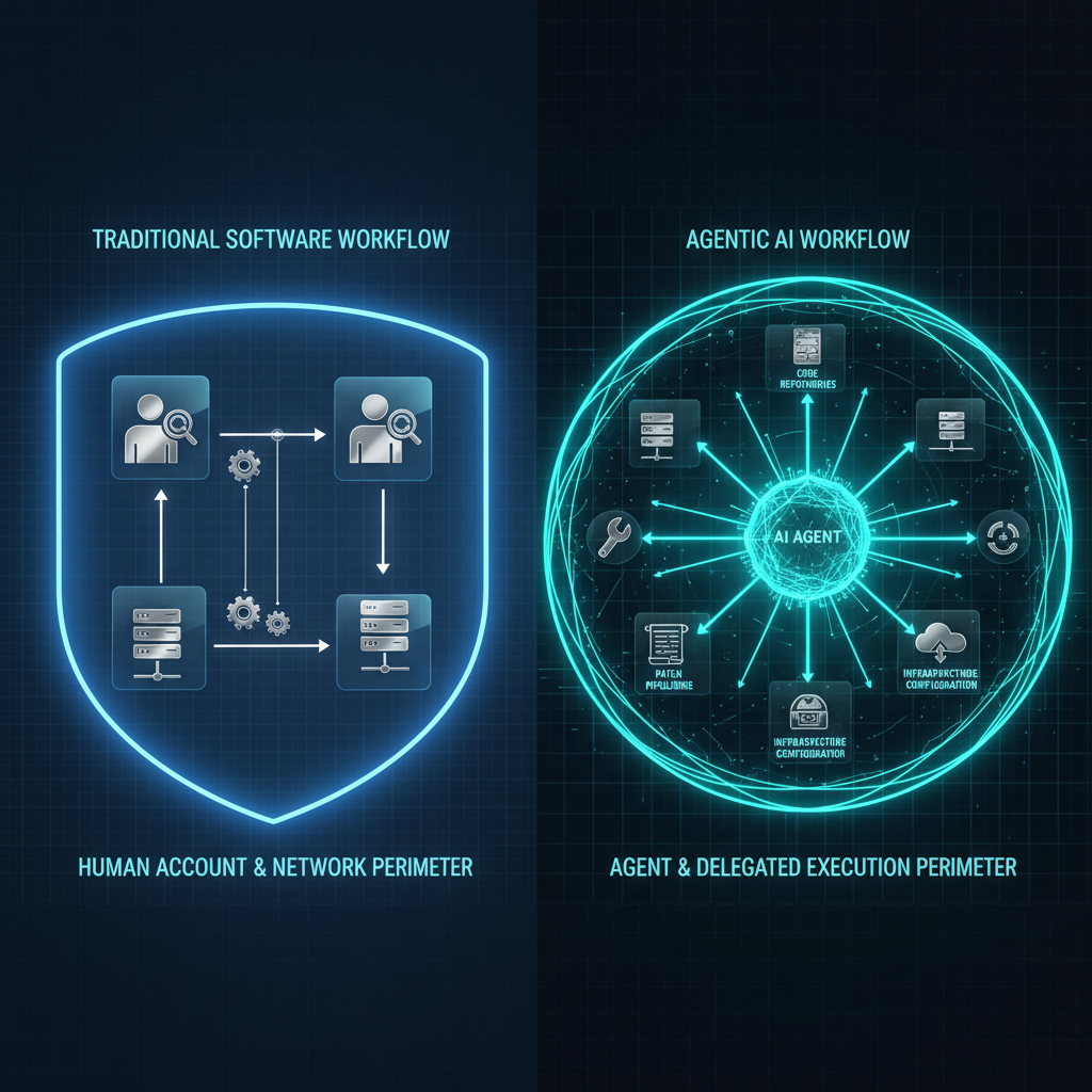 위협 모델 변화 설명 이미지: 기존 침투 중심 보안 모델에서 에이전트형 AI의 대리 실행(agency)까지 확장되는 위협 모델 비교 다이어그램