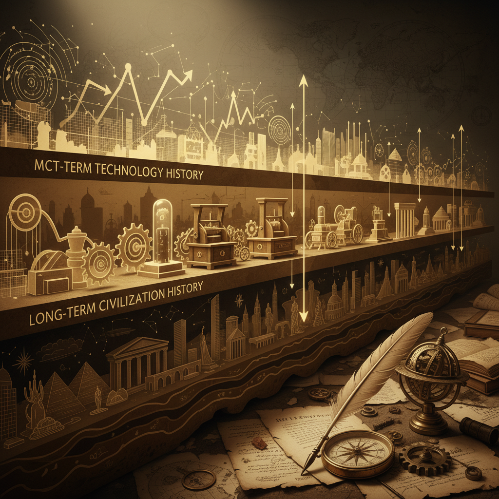 대표 이미지: 시간축 스키마와 기술 문명 흐름을 상징하는 다층 타임라인