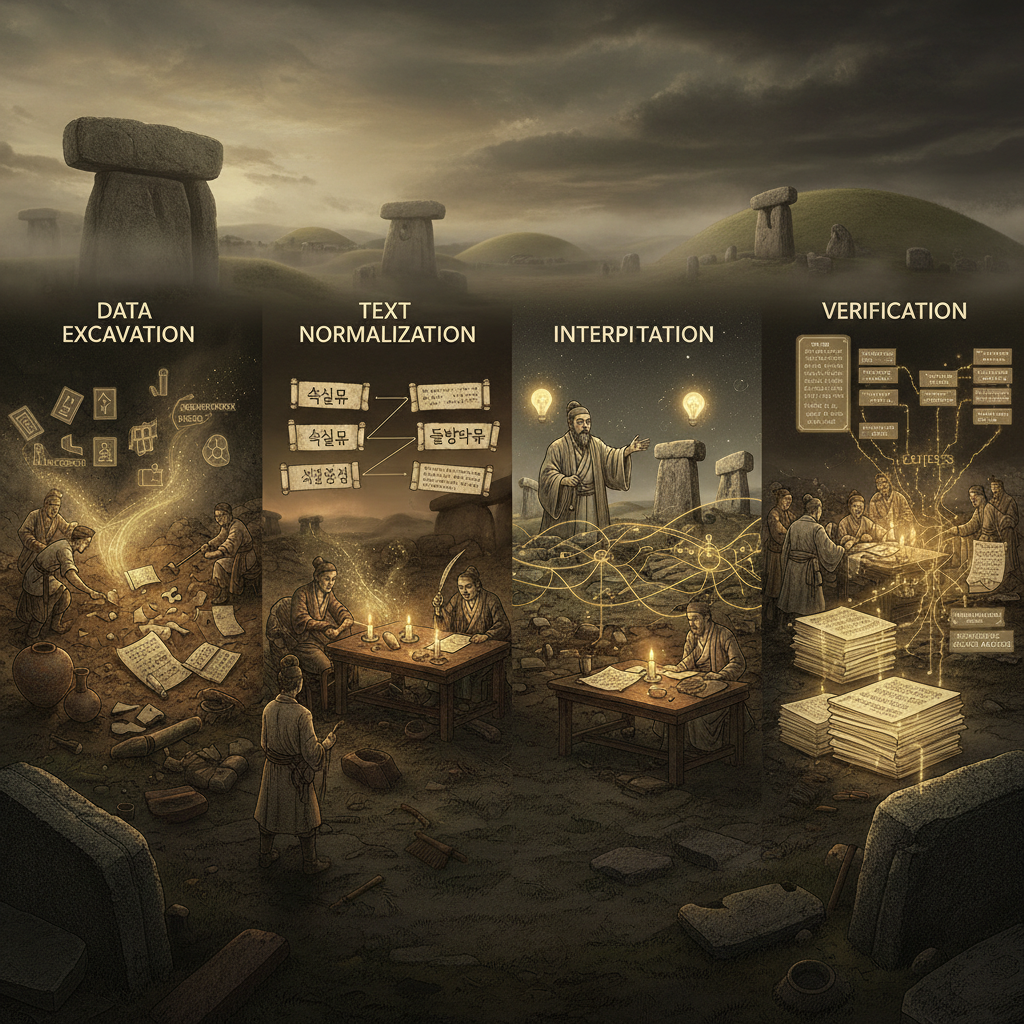 발굴-정리-해석-검증 파이프라인 구조 이미지