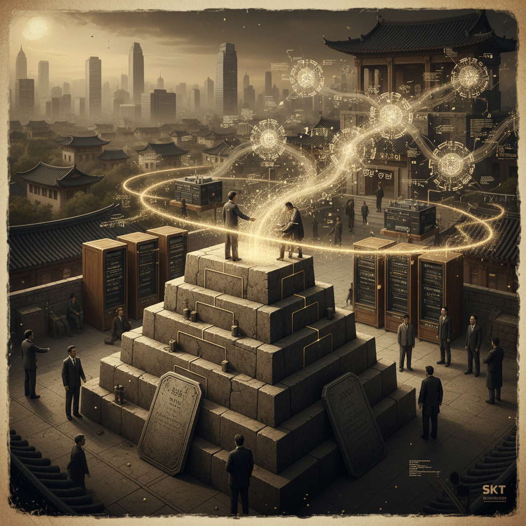 대표 이미지: 에이전틱 AI 도입의 책임 경계선을 상징하는 한국 기업 조직 구조와 AI 에이전트 상호작용