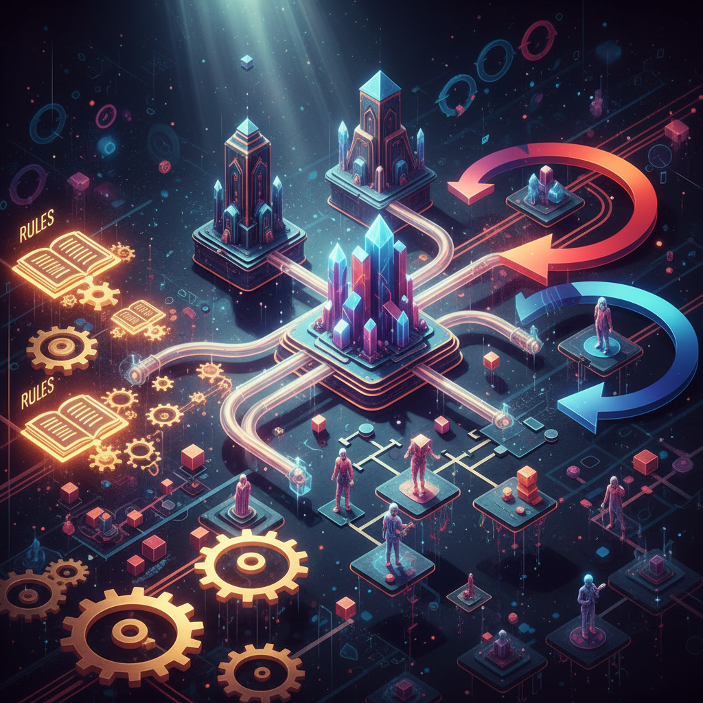 대표 이미지: 게임 설계에서 규칙, 구조, 피드백 요소가 상호 연결된 시스템 다이어그램