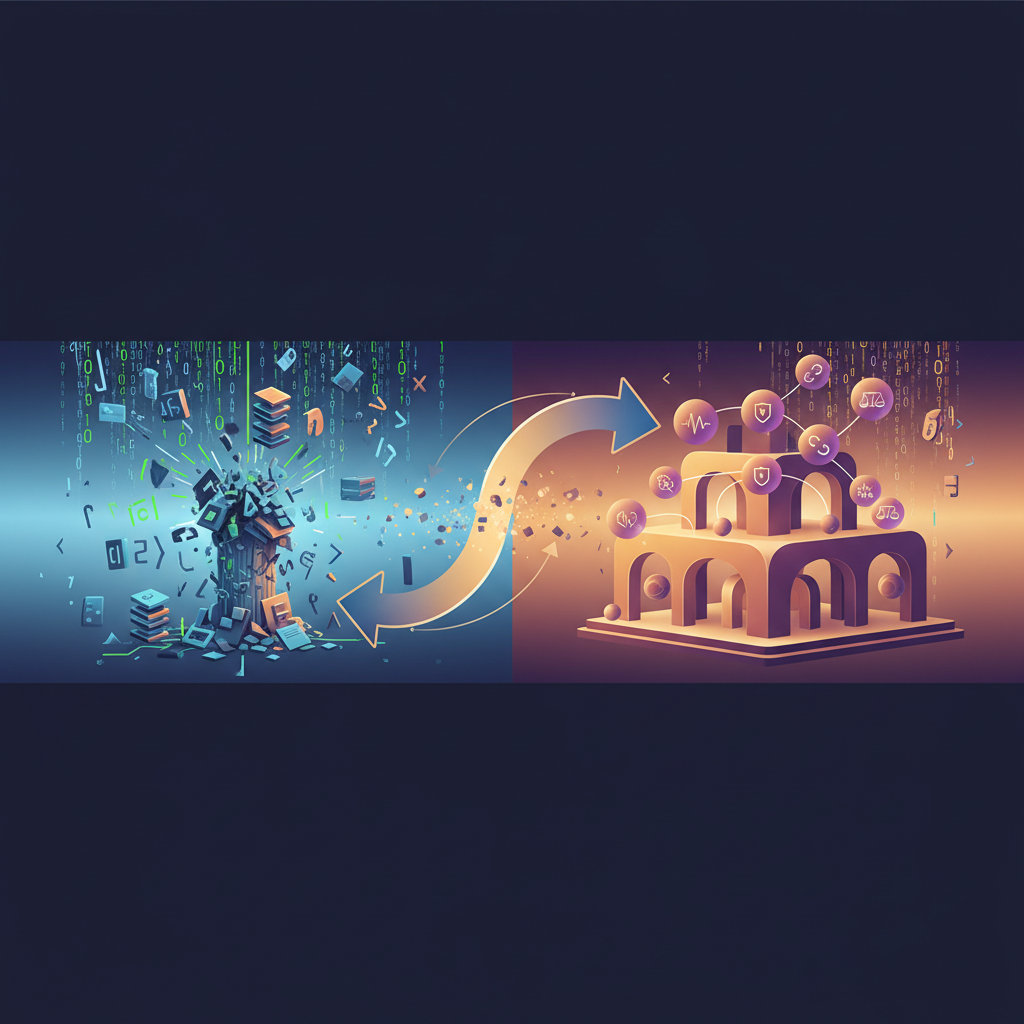 대표 이미지: 2026년 오픈소스 생태계 전환을 상징하는 코드에서 신뢰 중심 구조로 이동하는 추상적 다이어그램