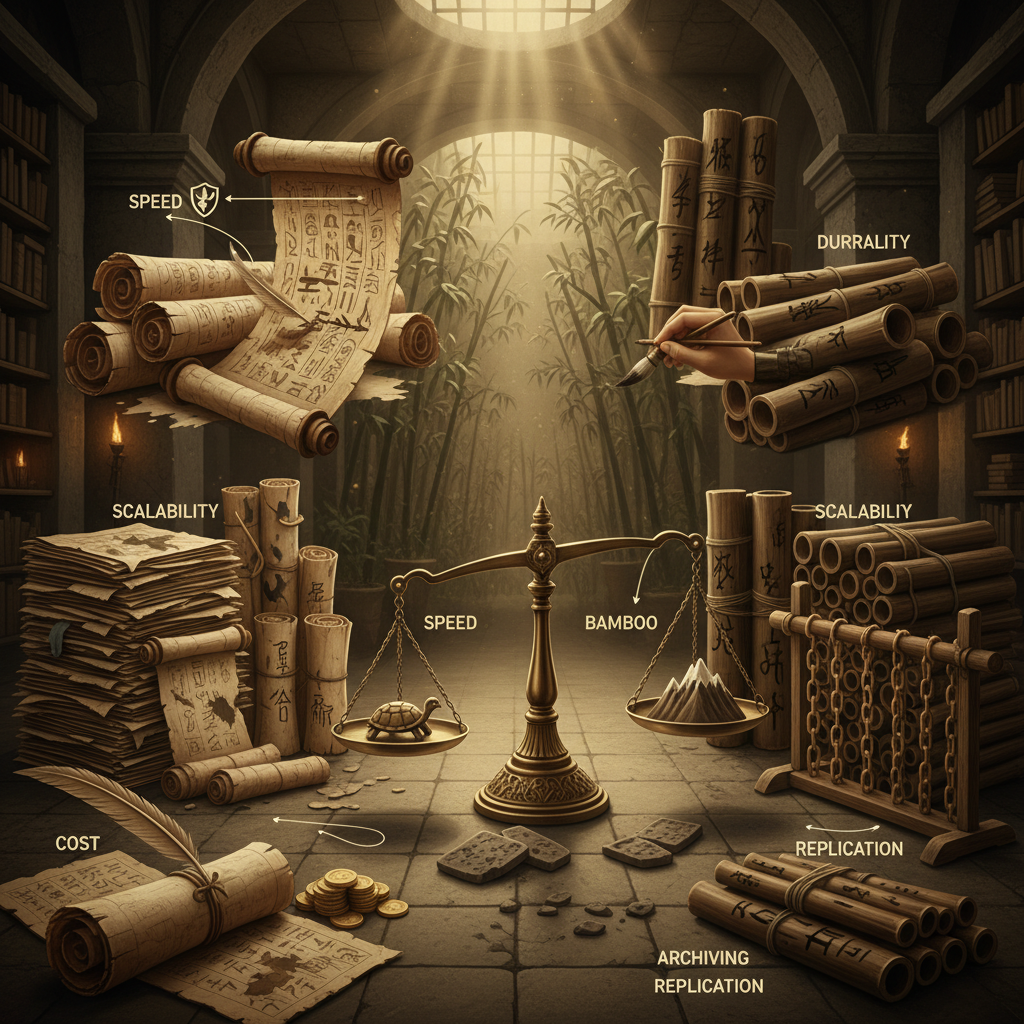 파피루스 죽간 매체 비교 차트