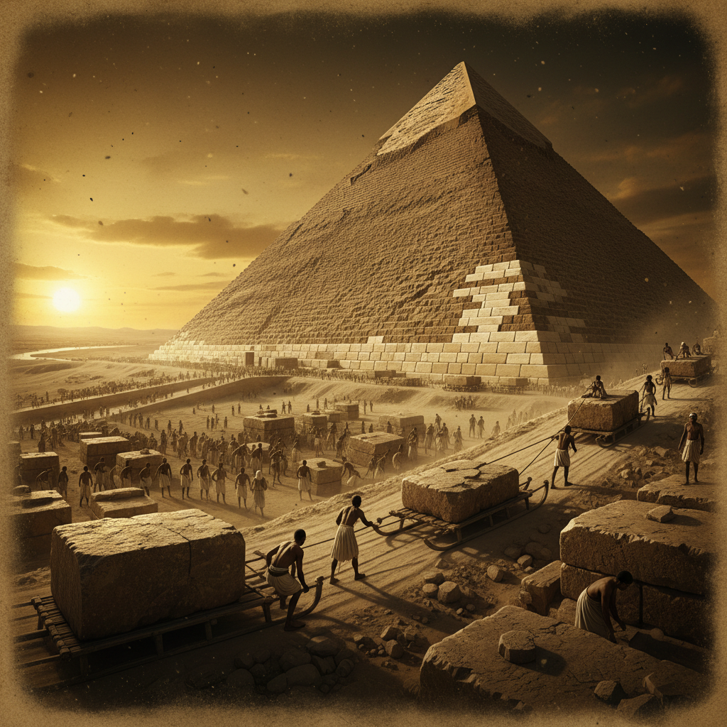 대표 이미지: 쿠푸왕 대피라미드의 전체 구조와 230만 개 석재 쌓기 과정을 상징하는 프로젝트 관리 원형