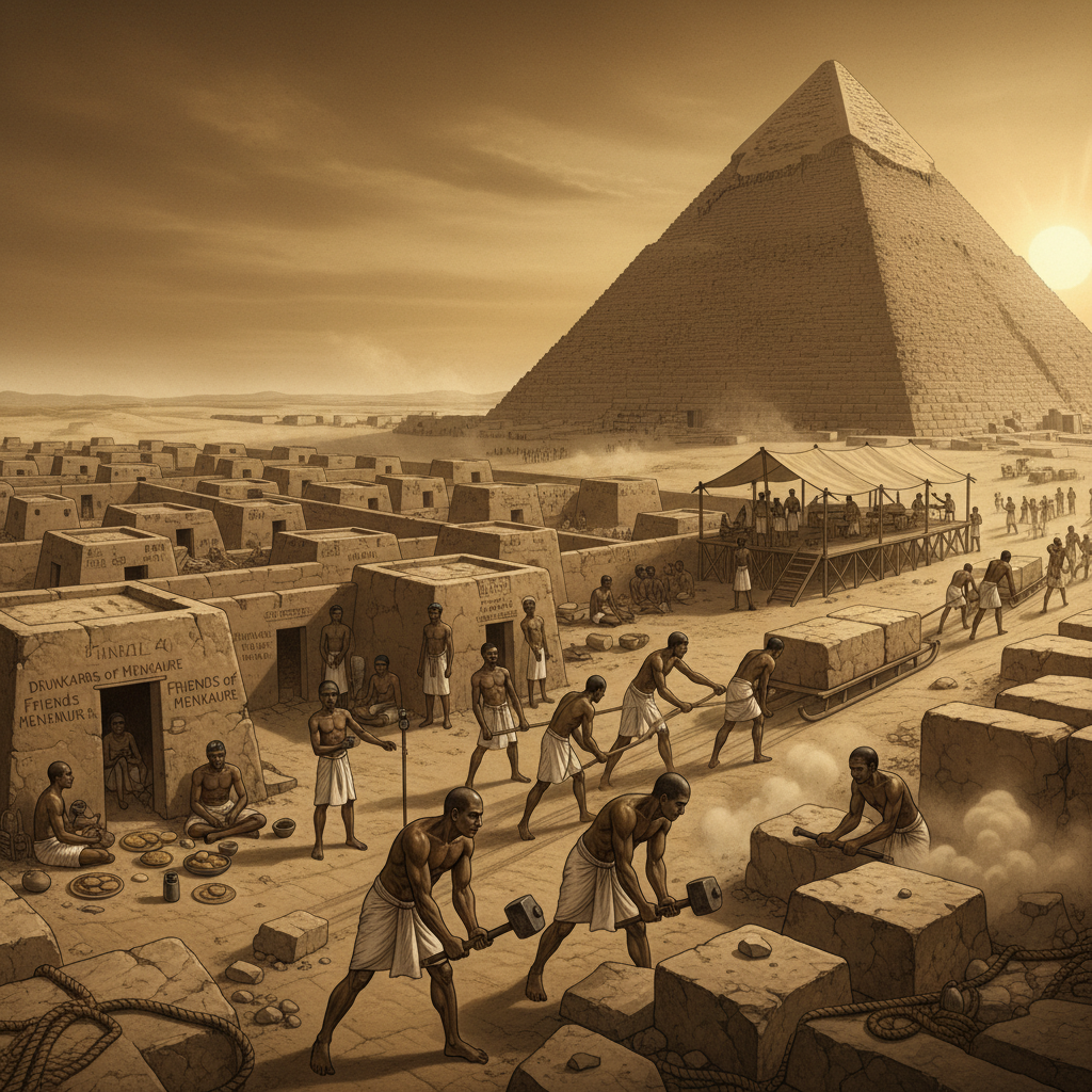 분업 체계 이미지: 채석공, 운반공, 석공, 측량사, 행정 관리자의 역할 구분과 작업 집단별 숙소 배치