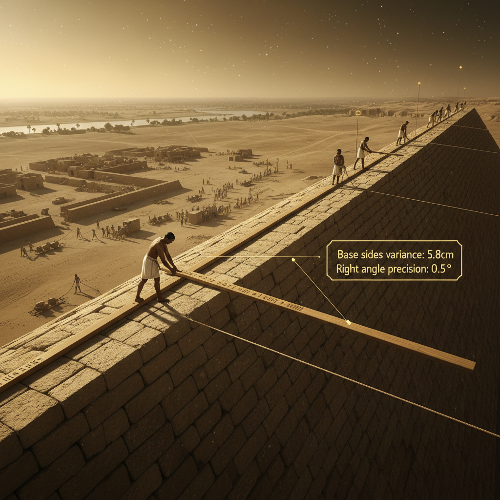 표준화와 측량 이미지: 큐빗 단위 측정 도구와 피라미드 밑변 오차 5.8cm, 직각 0.05도 정밀도 구현 과정