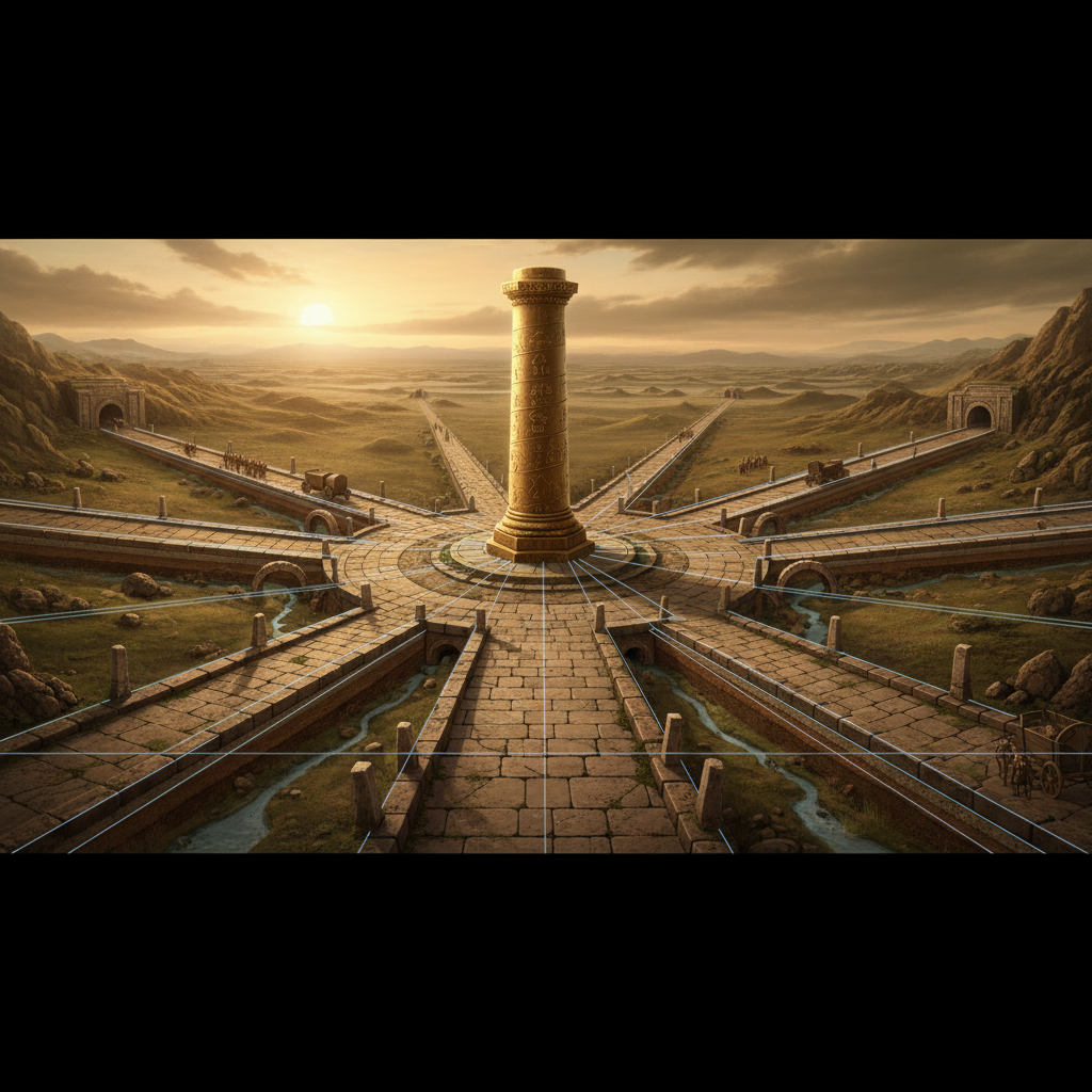 로마 도로의 방사형 구조와 허브 앤 스포크 모델 비교 다이어그램