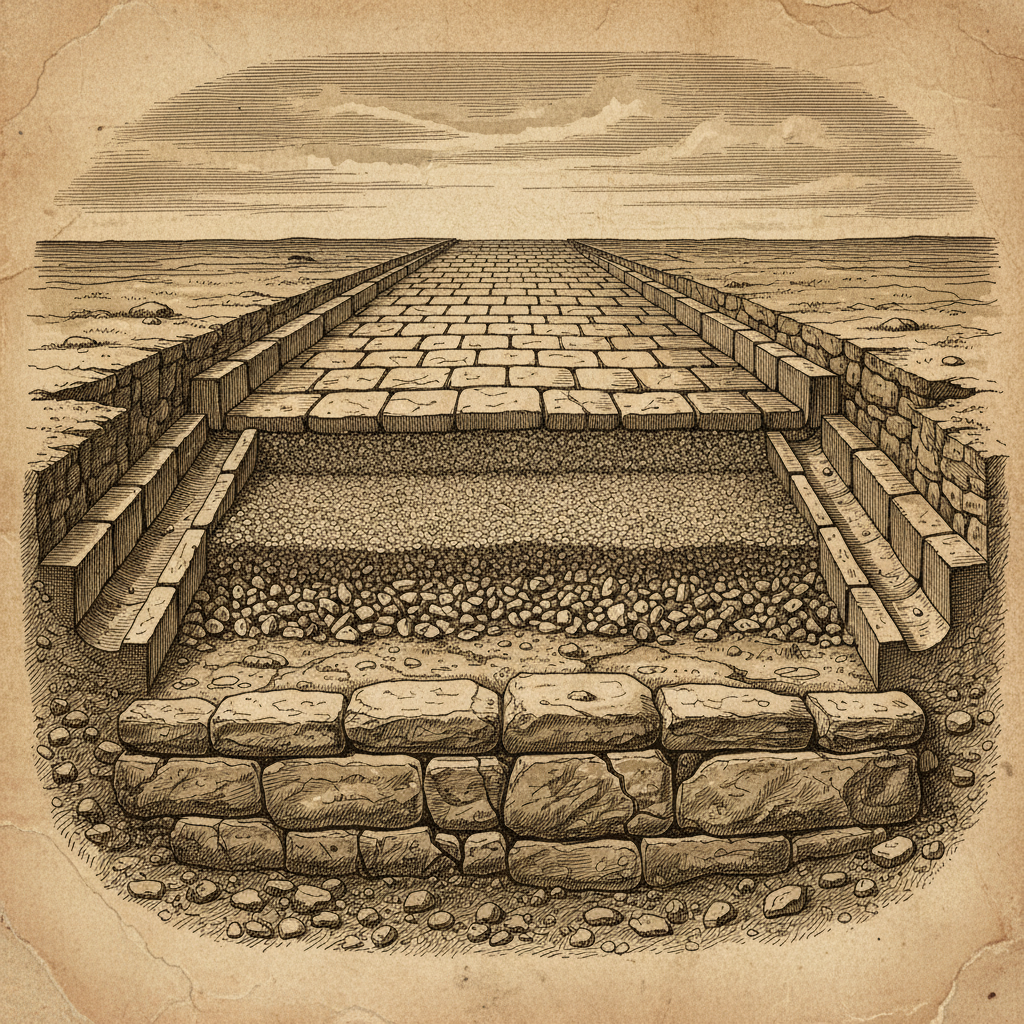 로마 도로의 4층 구조 단면도와 배수 시스템 상세 일러스트