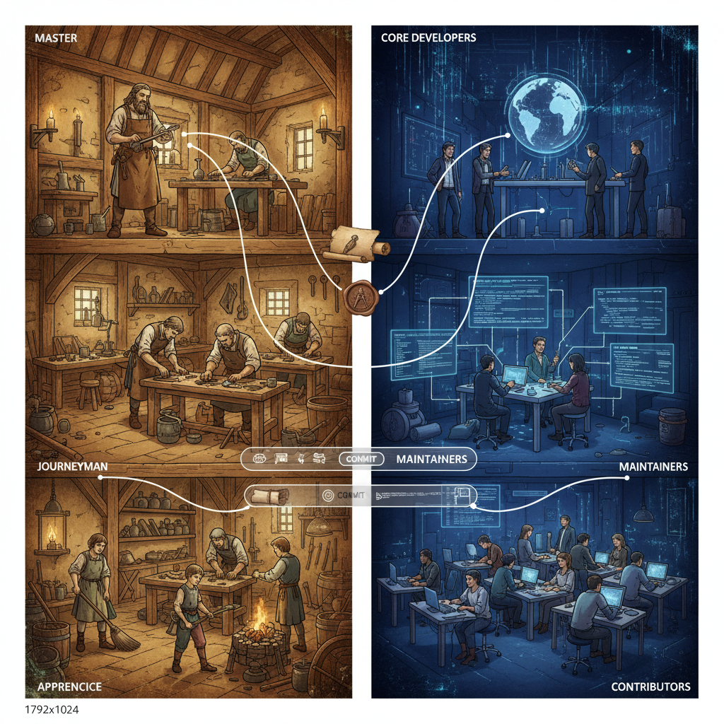 대표 이미지: 길드 위계 구조와 오픈소스 커뮤니티 계층을 나란히 비교한 다이어그램