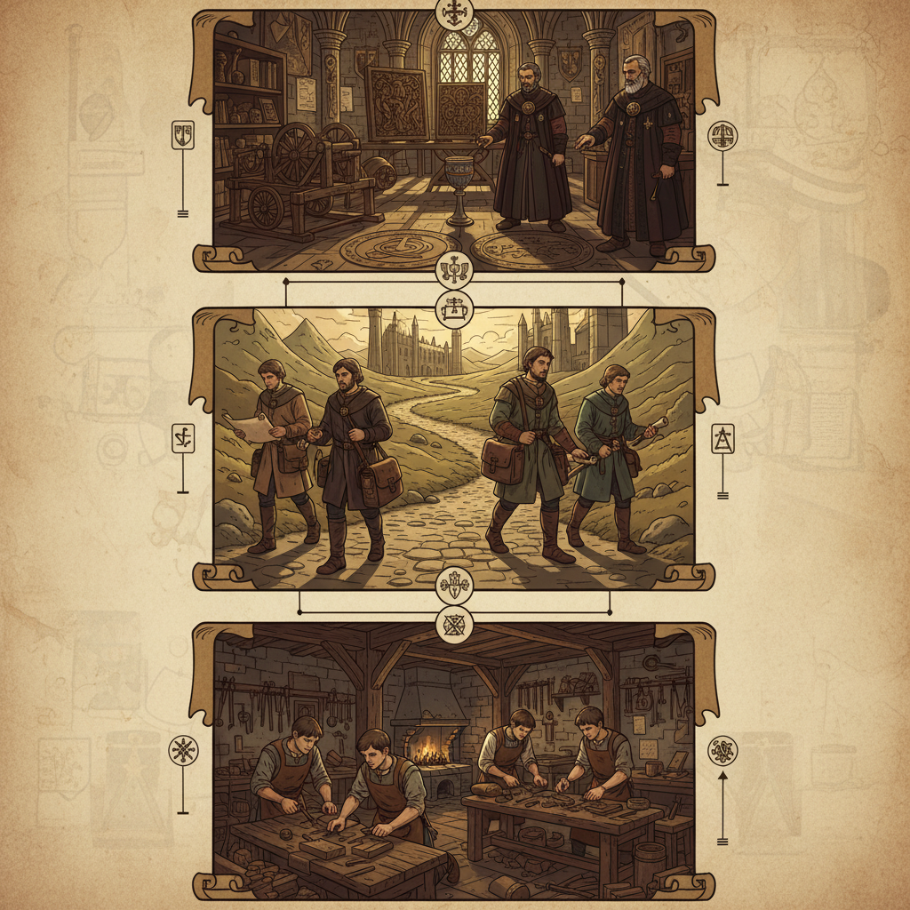 길드 위계적 지식 전승 과정을 단계별로 보여주는 흐름도