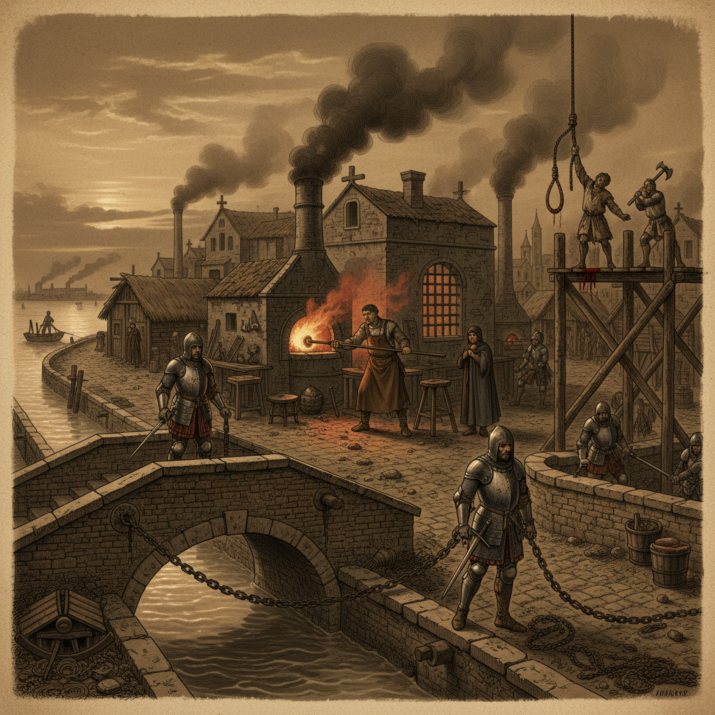 베네치아 무라노 섬 유리 제조 길드의 격리와 비밀 유지 전략을 묘사한 일러스트