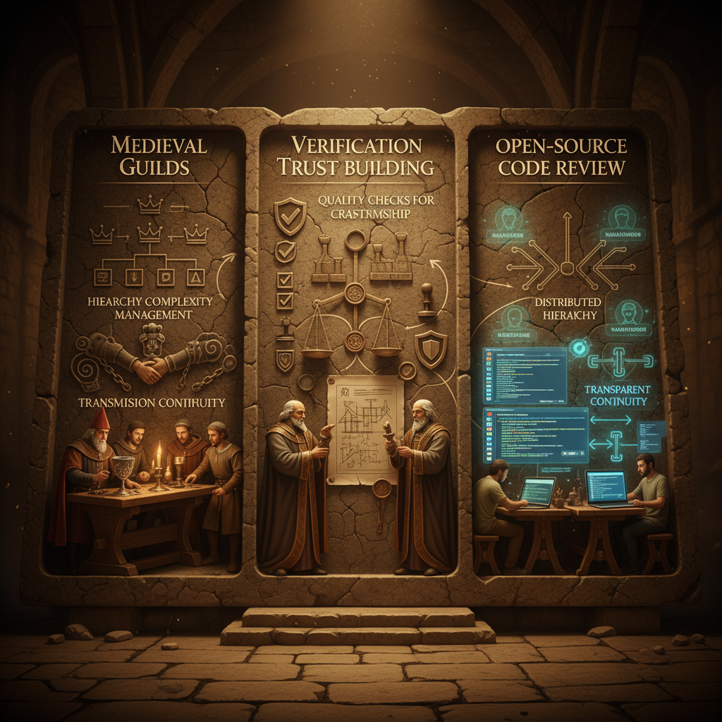 길드와 오픈소스 공통 구조(위계, 검증, 전승)를 3원 비교 테이블 이미지