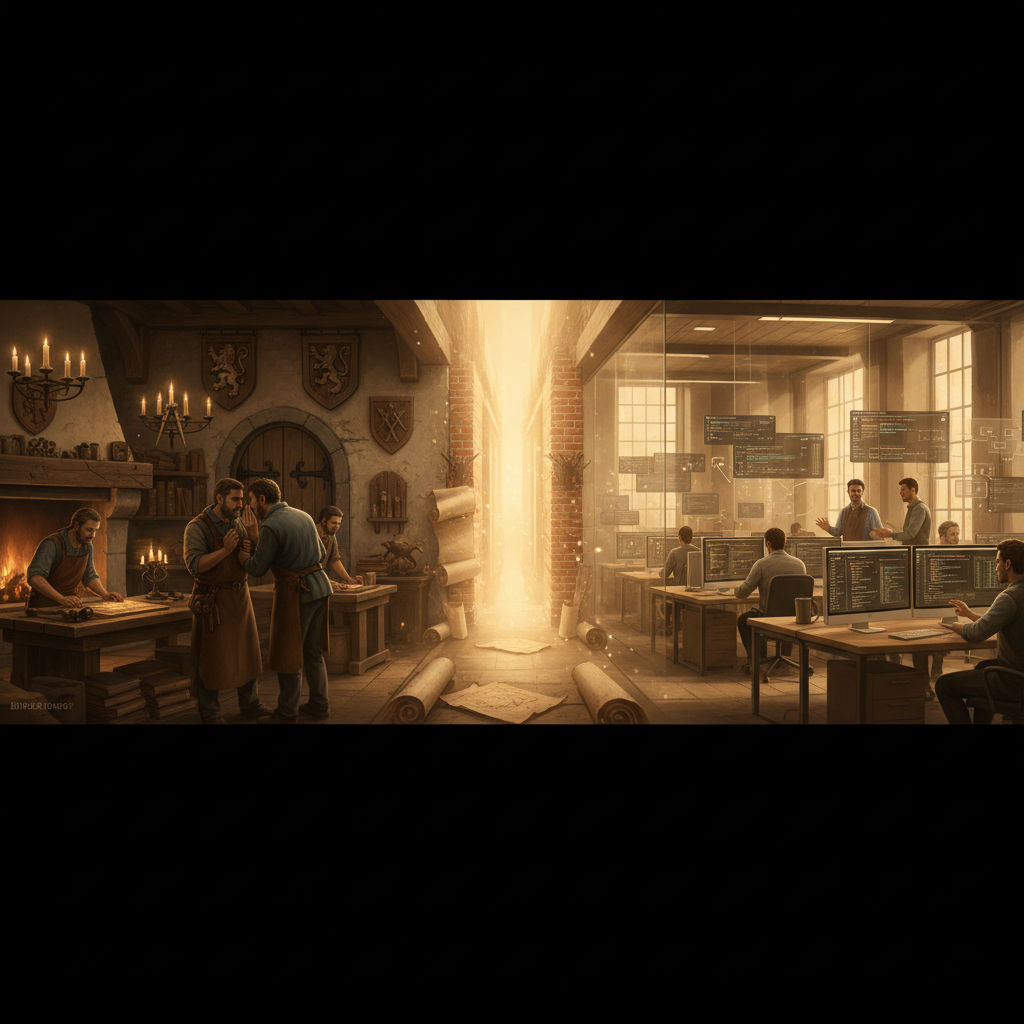 길드 지역성·암묵지 vs 오픈소스 탈지역성·명시적 지식 진화를 타임라인으로 표현