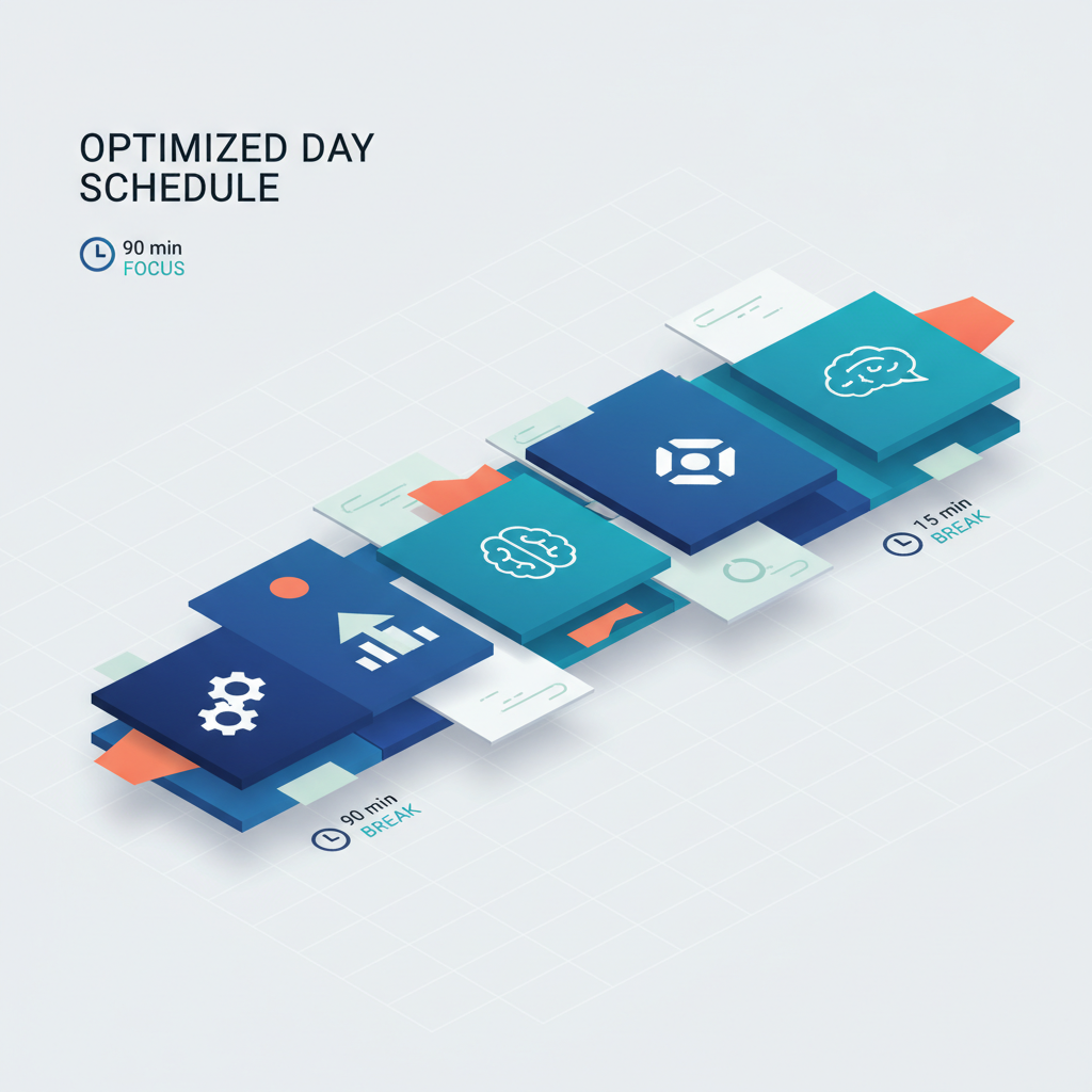 시간 설계 다이어그램: 하루를 90분 블록과 15분 전환 시간으로 나눈 일정 구조