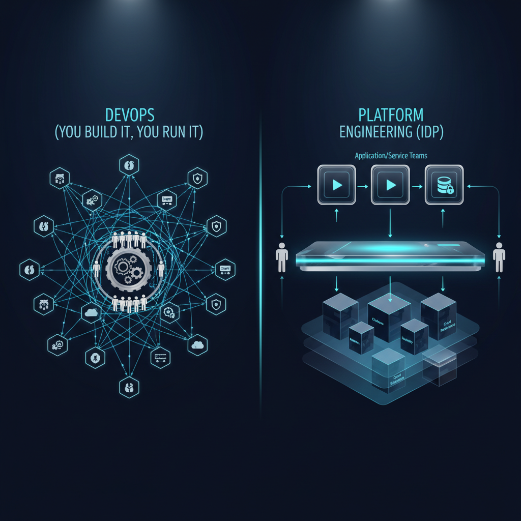 DevOps 문화와 Platform Engineering 구조의 차이를 비교하는 개념 다이어그램