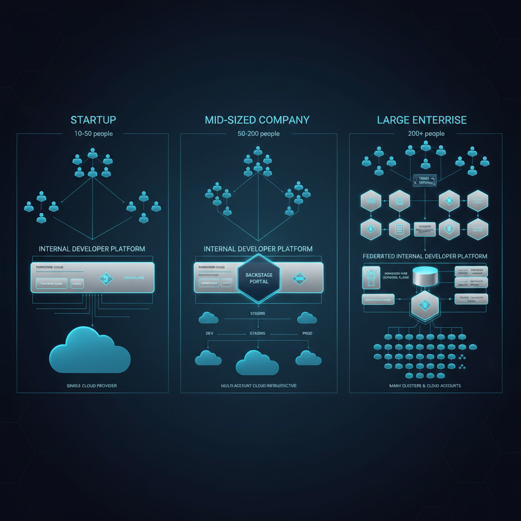 조직 규모별 Platform Engineering 구현 전략을 비교하는 구조도