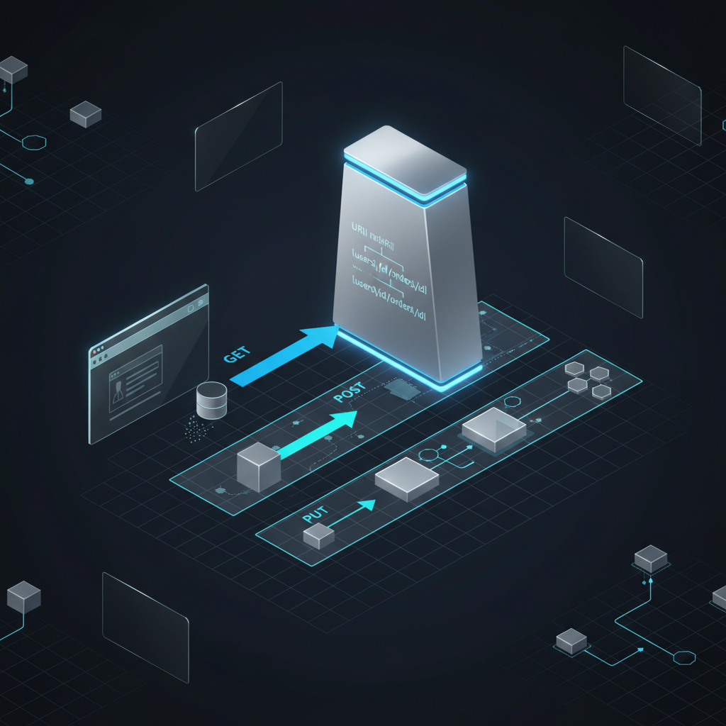 REST 아키텍처 다이어그램: URI 자원 식별과 HTTP 메서드 조작 흐름