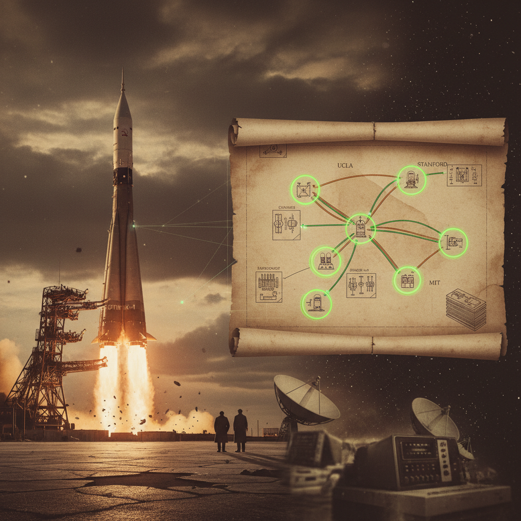대표 이미지: 냉전 시대 미국과 소련의 기술 경쟁을 상징하는 우주 로켓 발사와 컴퓨터 네트워크 구조
