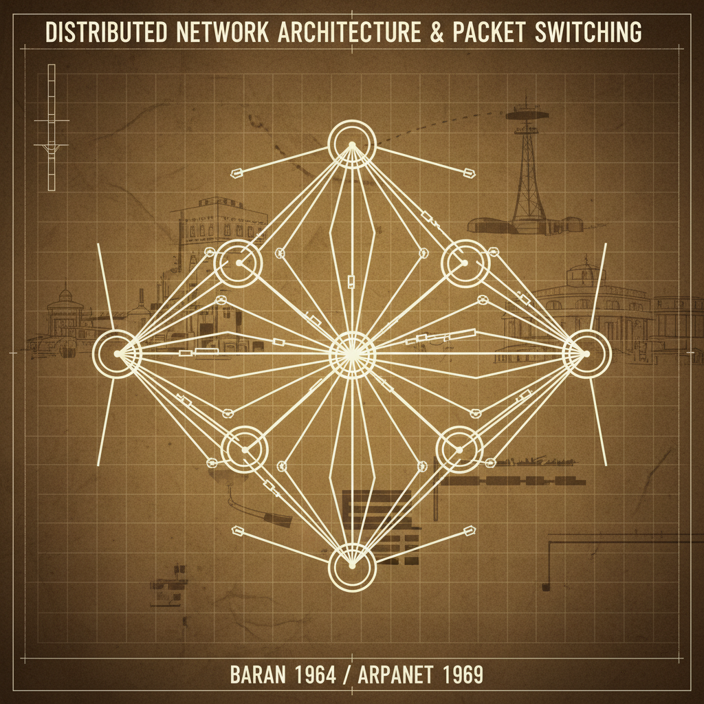 분산 네트워크 아키텍처와 패킷 교환 방식을 설명하는 다이어그램