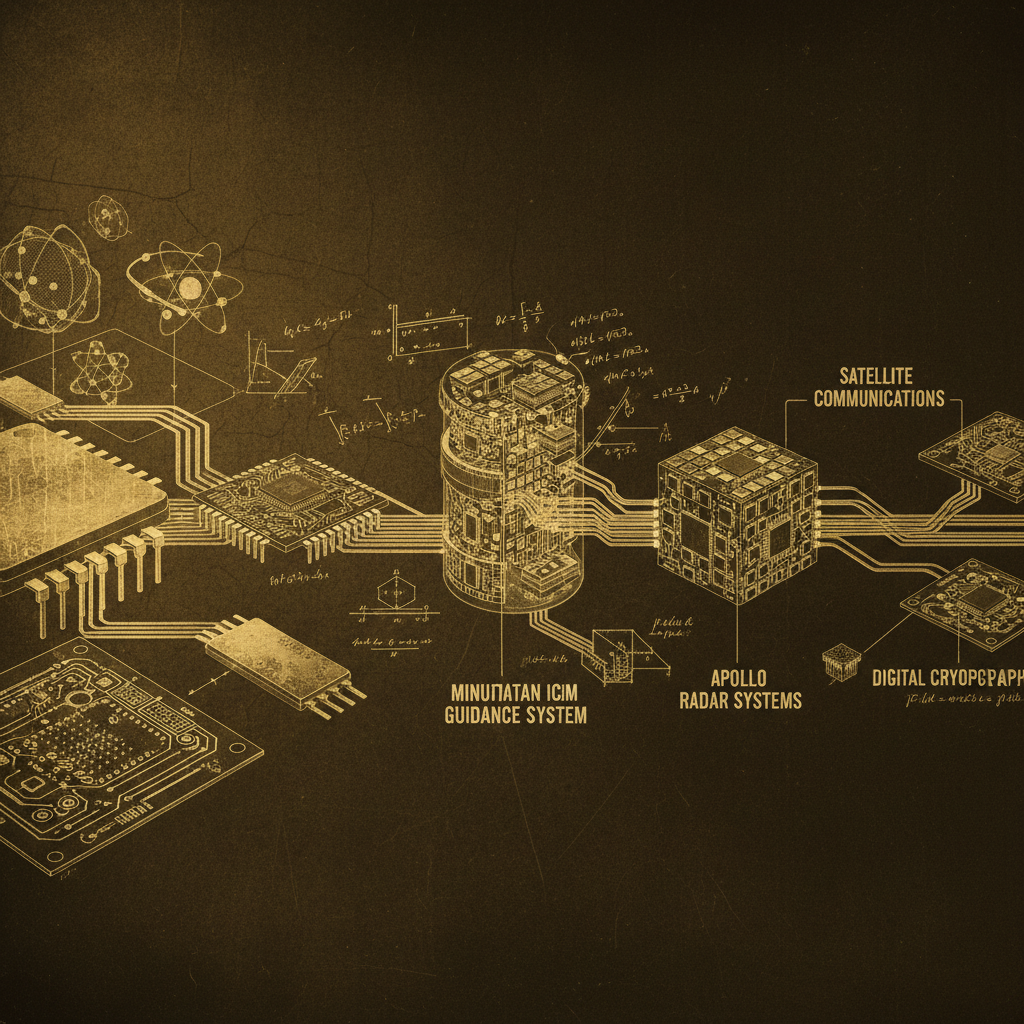 집적회로의 군사 적용과 반도체 미세화 과정을 보여주는 발전 흐름도