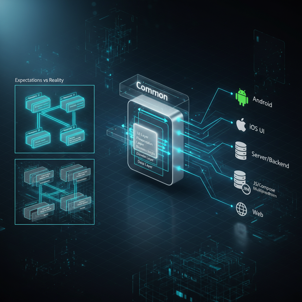 대표 이미지: Kotlin Multiplatform 도입의 기대와 현실 간극을 상징하는 비교 차트와 다중 플랫폼 아키텍처 개요