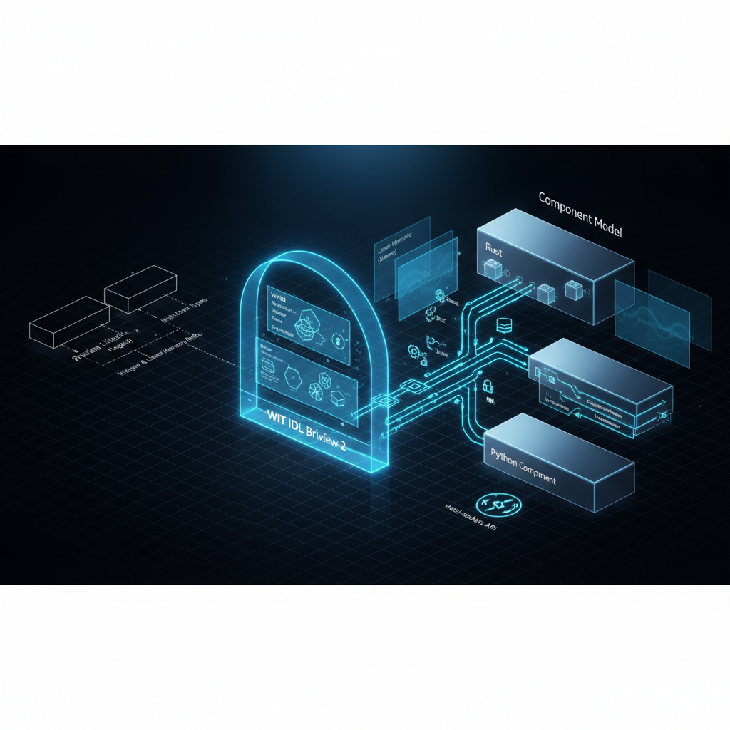 WASI 컴포넌트 모델 다이어그램: Preview 1 vs Preview 2의 언어 중립적 모듈 시스템과 WIT 인터페이스 예시