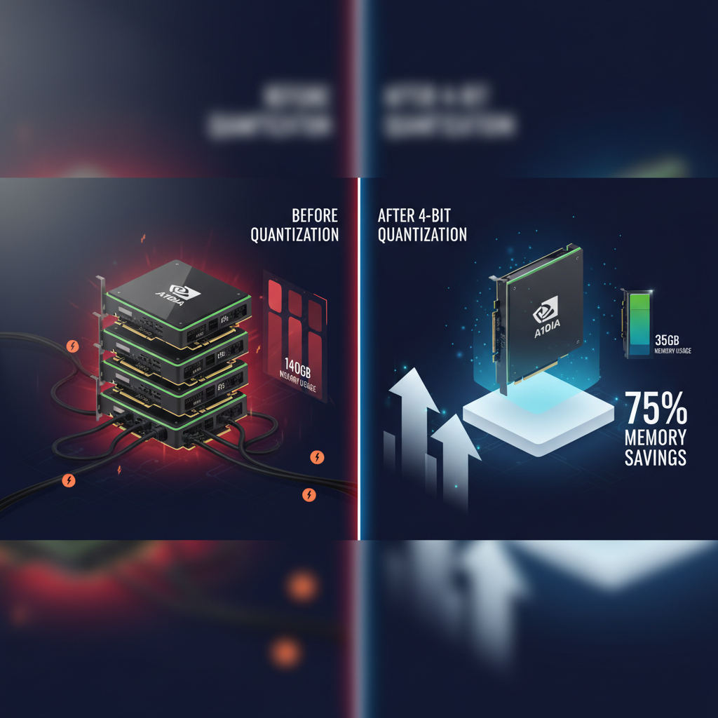 모델 양자화 전후 메모리 요구량과 하드웨어 감소 비교 인포그래픽