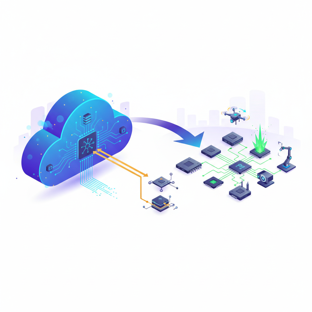 대표 이미지: 엣지 AI의 컴퓨팅 패러다임 전환을 상징하는 클라우드에서 엣지 디바이스로의 데이터 흐름과 실시간 추론 구조