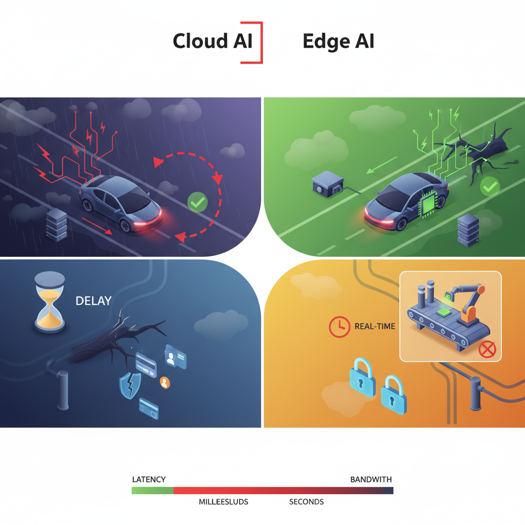 클라우드 AI의 구조적 한계 시각화: 데이터 왕복 지연시간과 네트워크 불안정성을 강조한 비교 다이어그램