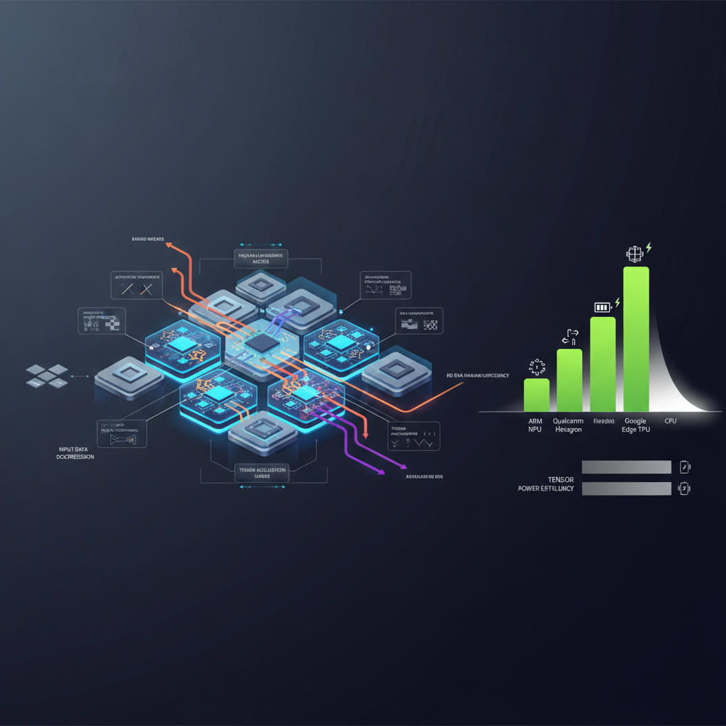 하드웨어 가속 진화 이미지: NPU 아키텍처와 연산 가속 과정을 보여주는 내부 구조 다이어그램