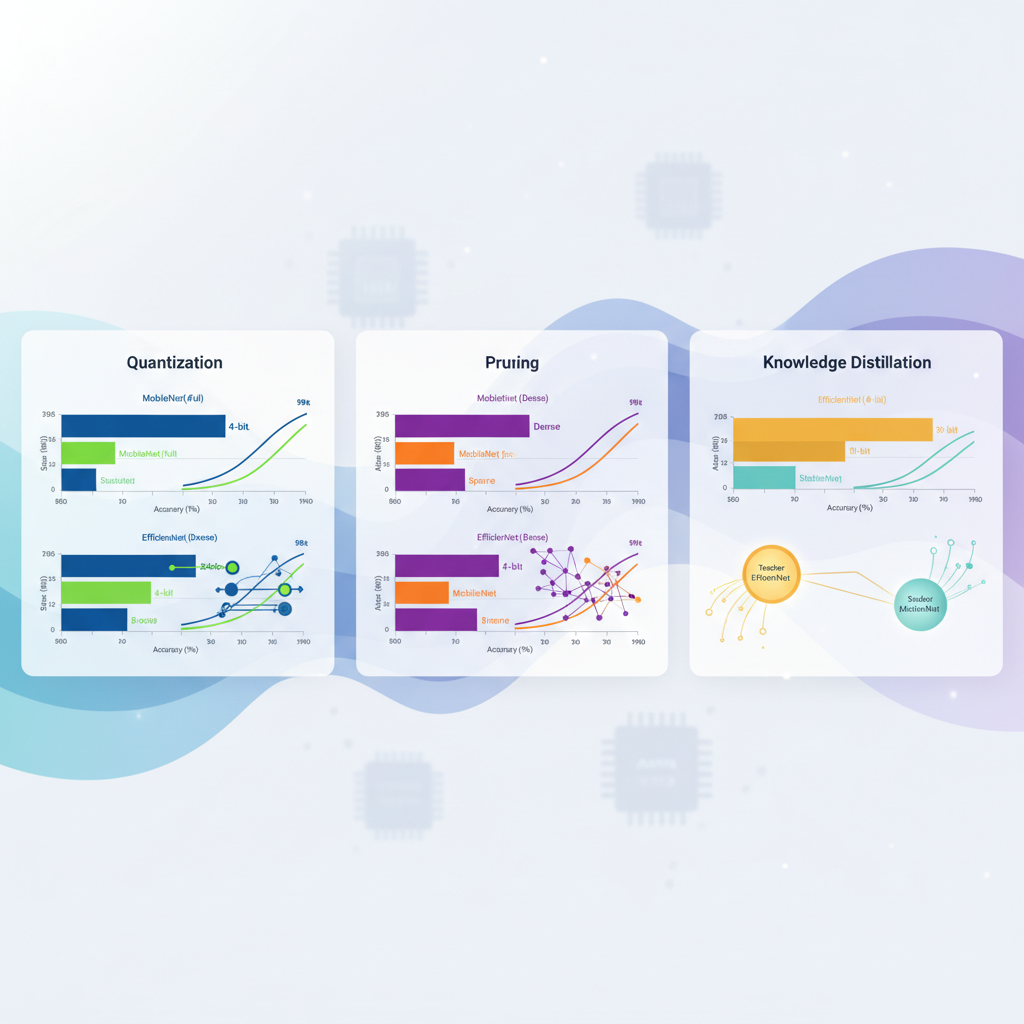 모델 경량화 기법 비교 차트: 양자화, 프루닝, 지식 증류 전후 모델 크기와 성능 변화