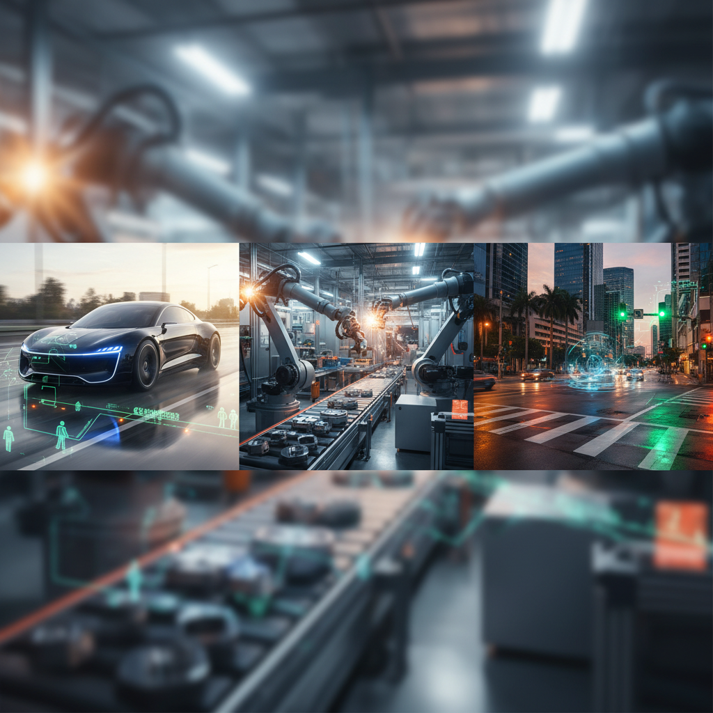 응용 영역 확장 이미지: 자율주행, 산업 자동화, 스마트 시티 실시간 처리 시나리오 콜라주