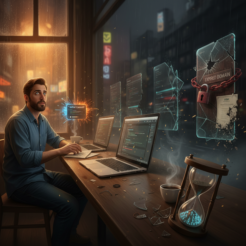 대표 이미지: 직장인 개발자가 퇴근 후 사이드 프로젝트를 시작하는 장면과 포기된 레포지토리, 도메인 만료를 상징하는 개발 환경