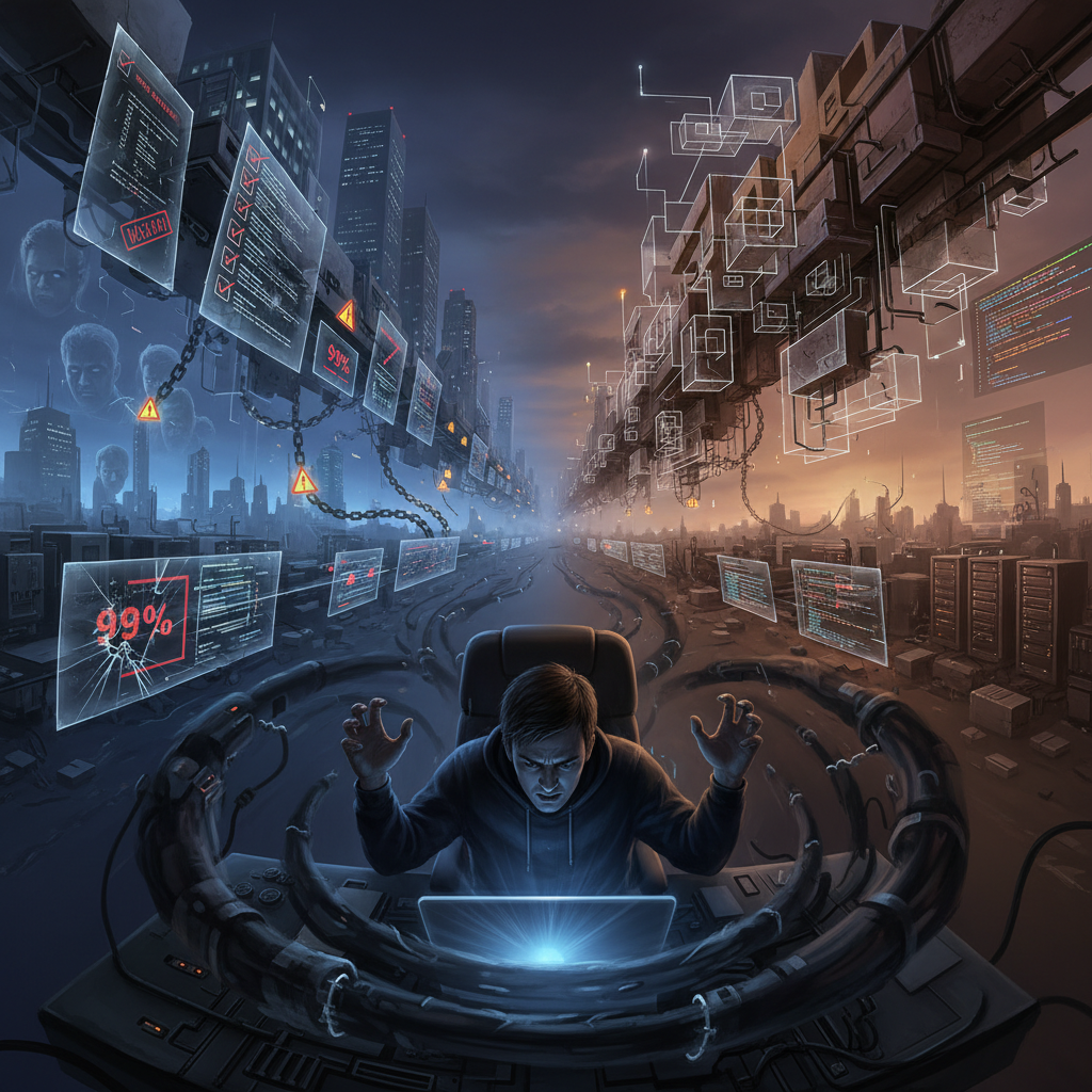 완벽주의의 덫을 보여주는 개발자 사고 과정 일러스트