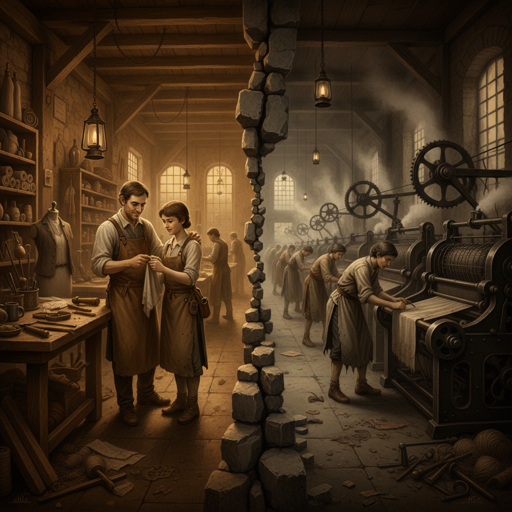 기계화 이전과 이후의 노동 구조 변화 비교 이미지