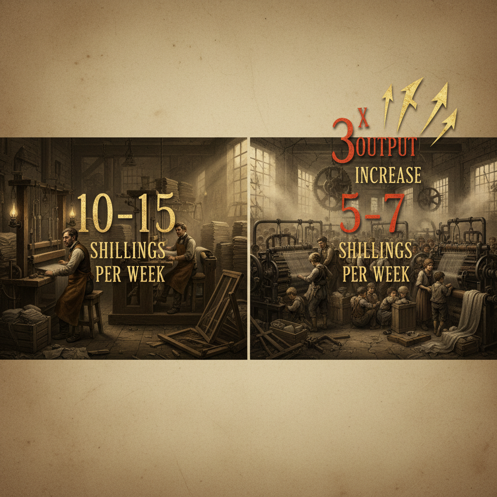 기계화로 인한 임금 하락과 생산량 증가의 경제적 영향 비교