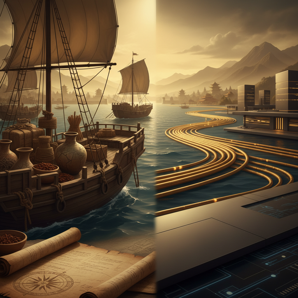 대표 이미지: 해상 실크로드와 디지털 실크로드의 두 네트워크를 연결하는 상징적 시각화