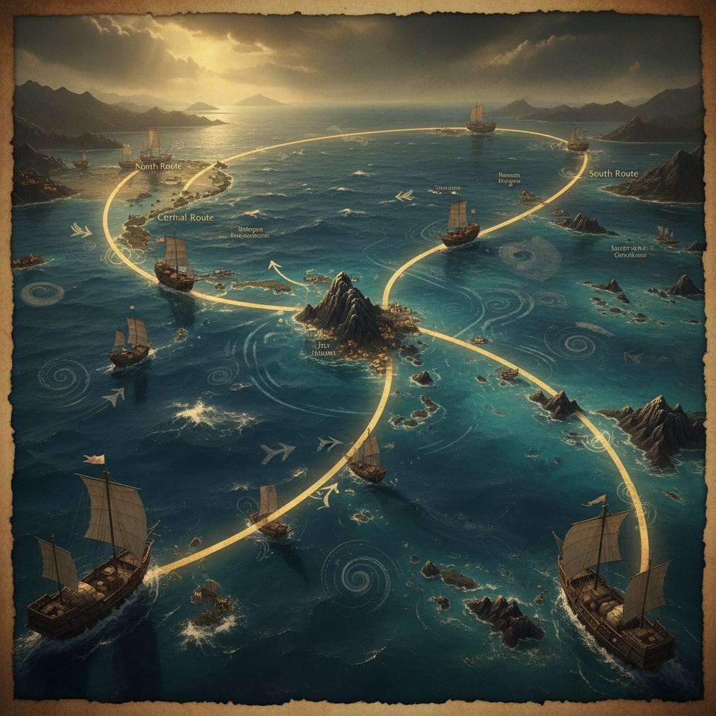 동아시아 해상 실크로드의 세 갈래 항로 지도