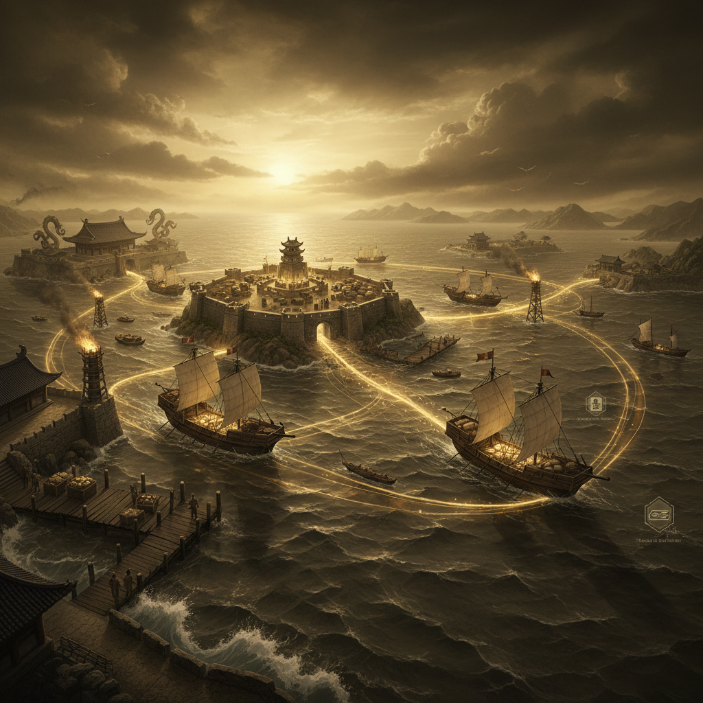 장보고의 청해진 삼각 네트워크 다이어그램