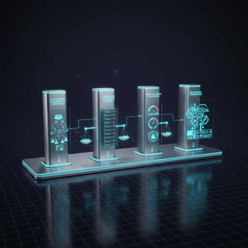 대표 이미지: 시스템 설계 면접의 사유 체계를 상징하는 네 단계 구조와 트레이드오프 의사결정 과정
