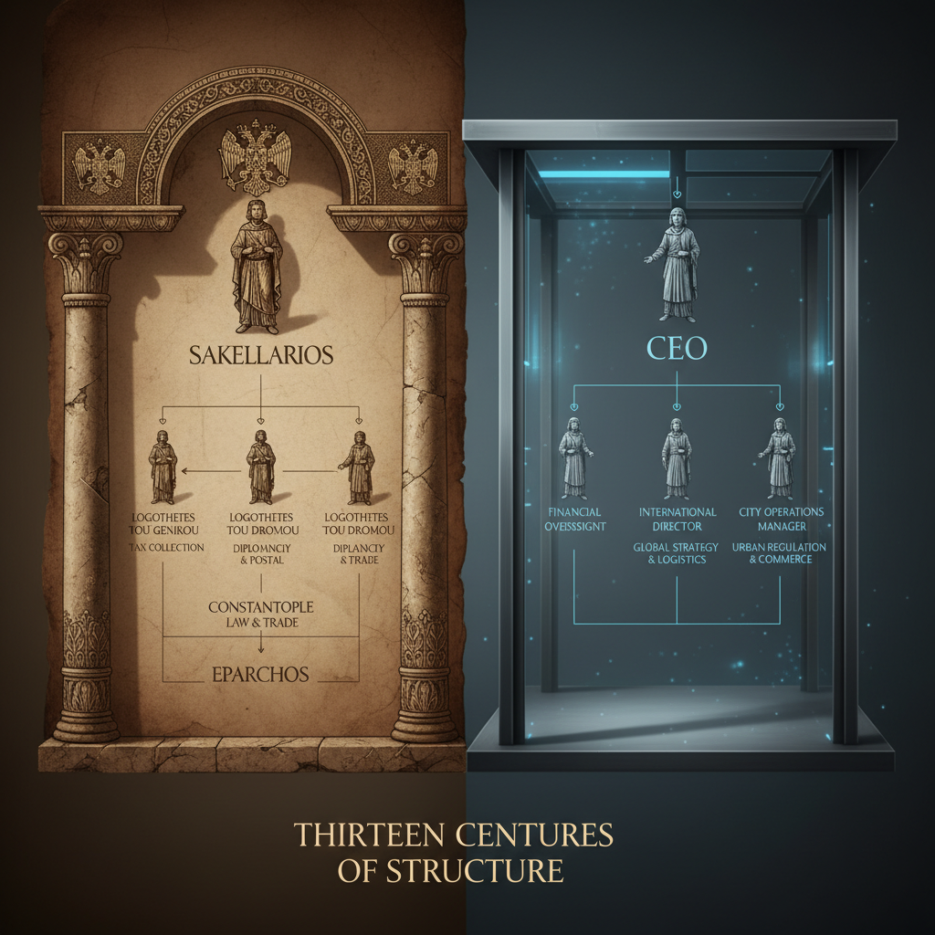 대표 이미지: 비잔틴 제국 관료제와 현대 대기업 조직 구조의 유사성을 상징하는 비교 다이어그램