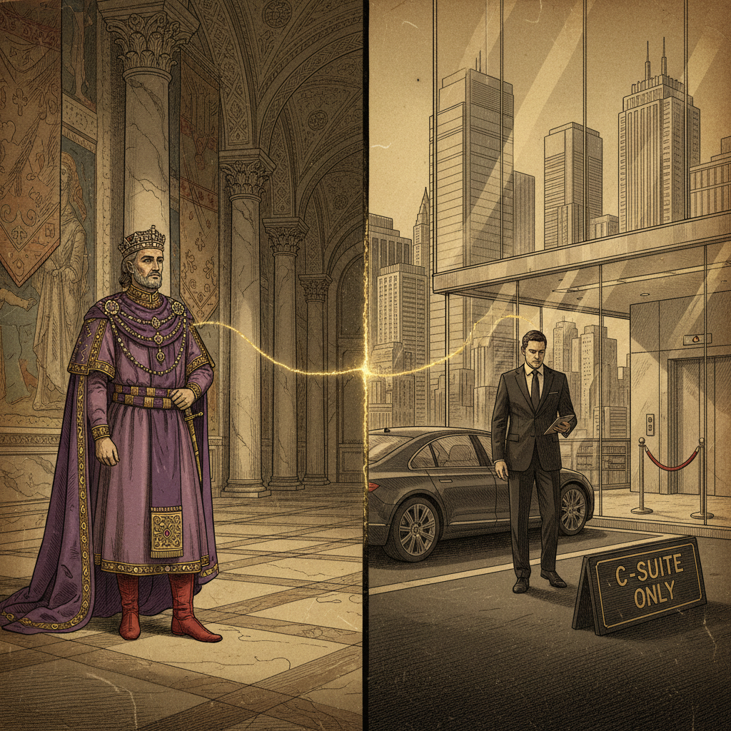 비잔틴 관료 의복 규정과 현대 기업 지위 상징(임원 주차장, 코너 오피스)을 비교하는 일러스트