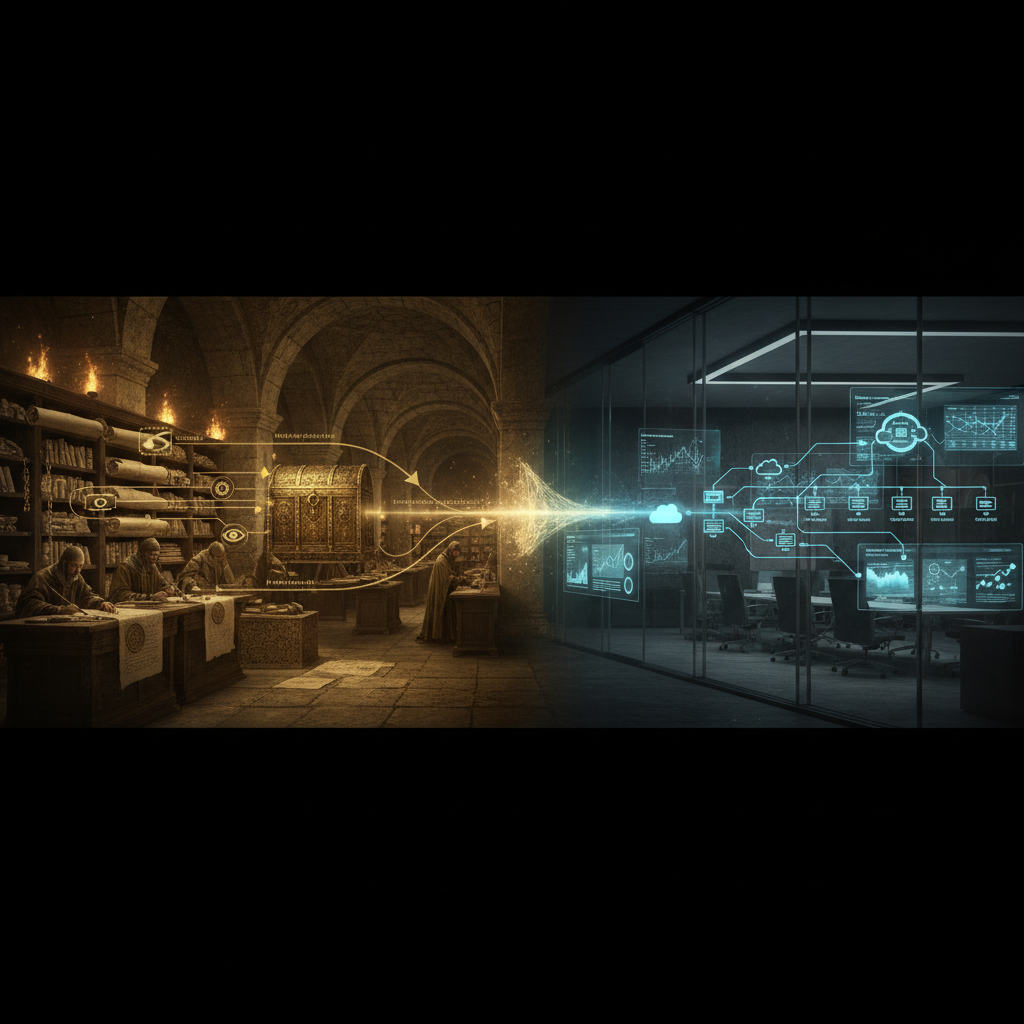 중앙 문서고 기록 시스템과 현대 전자결재 시스템의 흐름을 보여주는 프로세스 다이어그램