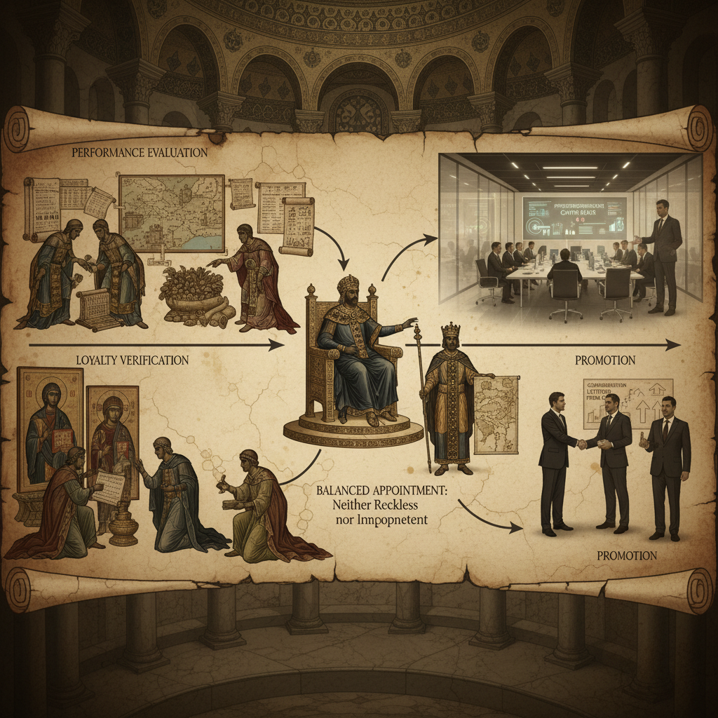 능력과 충성 이중 검증 경로를 나타내는 평가 프로세스 차트