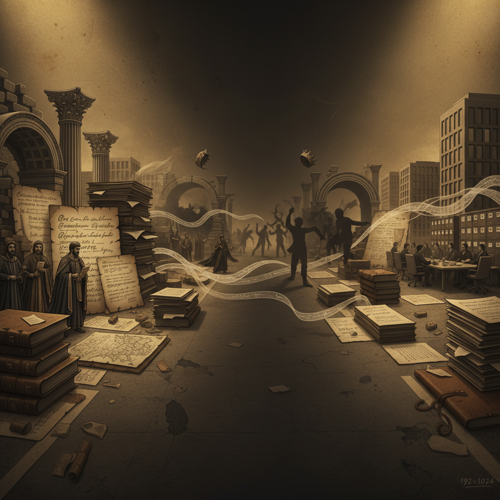 제도의 지속성과 변화 저항을 상징하는 타임라인 일러스트