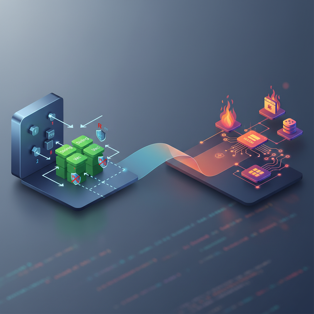 대표 이미지: Rust 언어의 소유권과 메모리 안전성 개념을 상징하며 웹 개발 확장 흐름을 보여주는 다이어그램